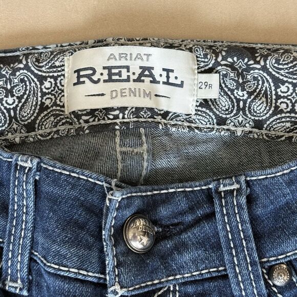 ARIAT REAL Denim Mid Rise Straight SZ 29 Regular Raw Hem Ocean Icon Womens - Picture 6 of 12